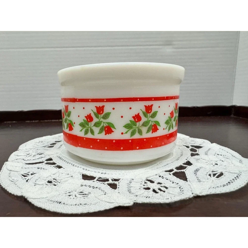 Angela Lampugnani Vintage Milk Glass Ramekin Red Tulip Floral Custard Cup